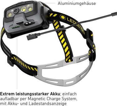 Налобний ліхтар Ledlenser HF8R Work, 1600 люмен, LED, акумуляторний, водонепроникний IP68, з червоним світлом, чорний/жовтий, для роботи та активного відпочинку