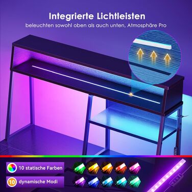 Ігровий стіл кутовий Coleshome L-подібний з LED підсвіткою, 130x100 см, з полицями та кишенями для зберігання, реверсивний, для геймерів та домашнього офісу, чорний