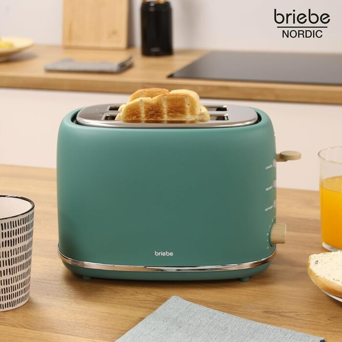Тостер Briebe Nordic Set 2-слотовий з підставкою для булочок, 6 режимів + Електричний чайник 1.7л 2200W, BPA-free, Набір для сніданку в скандинавському дизайні (Зелений)