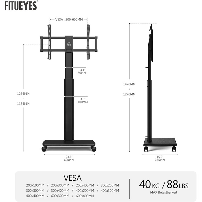 Підлогова стійка для телевізора FITUEYES з полицею з дерева, на колесах, регульована по висоті та з поворотом, для телевізорів 32-70 дюймів, до 40 кг, VESA 400x600, чорна