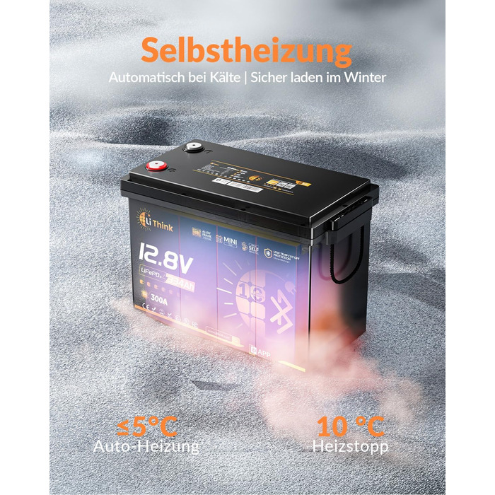 LiFePO4 акумулятор 12V 100Ah H190 ECE R10 з Bluetooth 5.4 для кемпера та автобудинку (Lithium Batterie 12V 334Ah MINI BT)