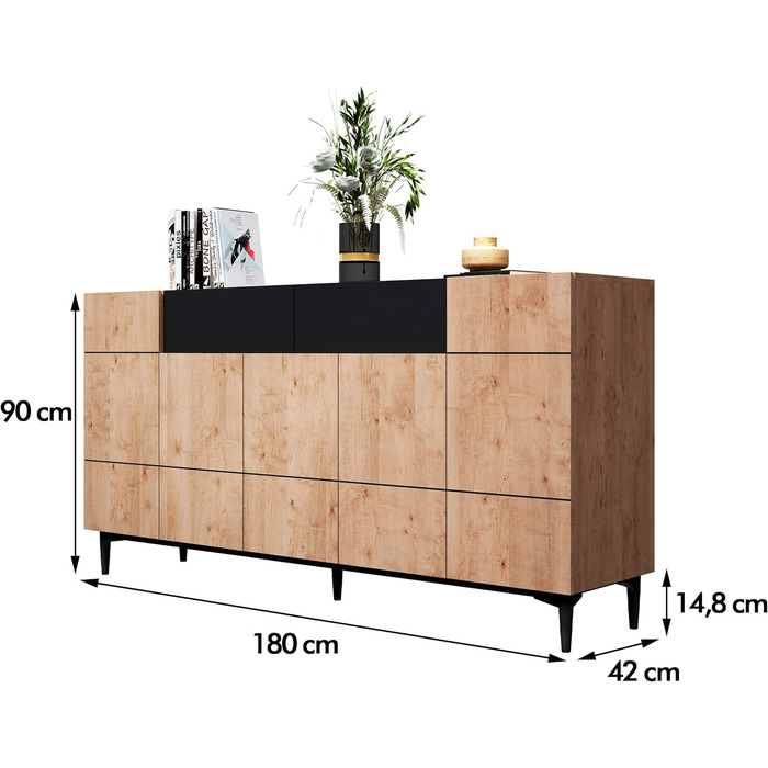 Комод Newfurn чорний дикий дуб, вінтажний індустріальний стиль, 180x90x42 см, для вітальні, спальні, передпокою, їдальні
