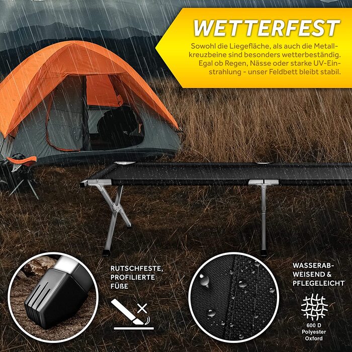Розкладне польове ліжко TRESKO XXL 210x90x42 см, метал, до 150 кг, чорне, для кемпінгу