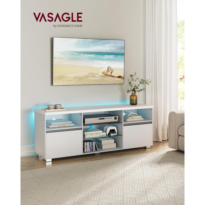 Тумба під телевізор VASAGLE Kailyn 160 см з LED підсвіткою, біла - для вітальні, з полицями та шафками