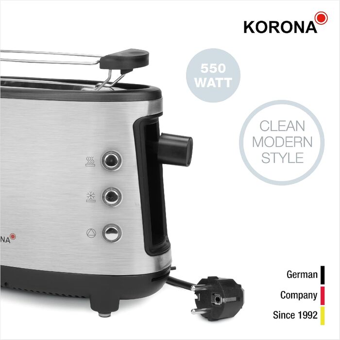 Тостер Korona 21304 на 1 тост, нержавійка, 550 Вт, підставка для булочок, регулювання температури, знімний піддон для крихт