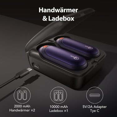 Електричні грілки для рук J-BRAUV 2 шт. з акумулятором 4000mAh, зарядний бокс 10000mAh, 3 режими нагріву, USB, чорний, кишеньковий