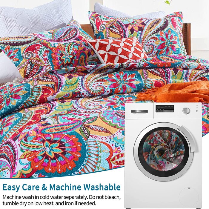 Покривало Qucover Boho 230x250 см з наволочками, бавовняне, кольорове стьобане для двоспального ліжка, стиль Пейслі