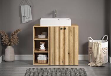 Тумба під раковину на колесахх trendteam PureBliss, 80x64x42 см, дуб Evoke, з 2 відкритими полицями та металевими ручками