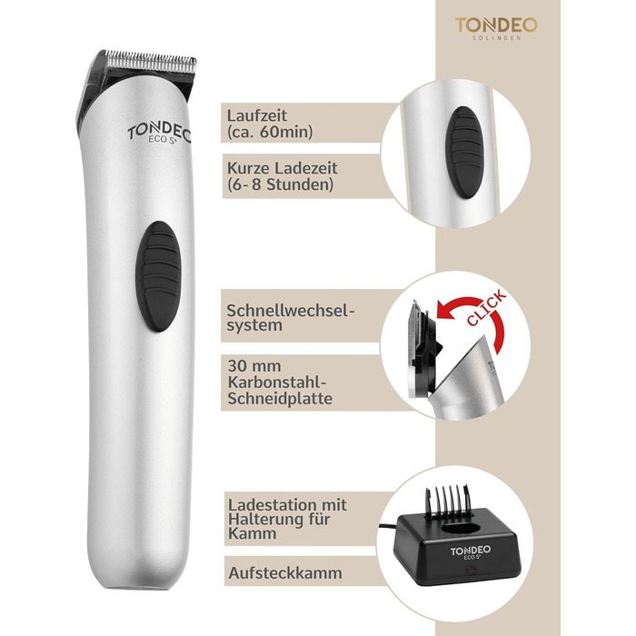 Професійна машинка для стрижки волосся TONDEO ECO S PLUS SILVER з підставкою для зарядки та насадками для 4 довжин
