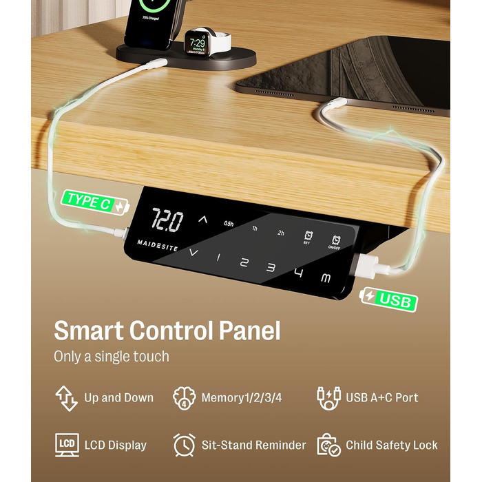 Електричний регульований стіл MAIDeSITe S2 Pro 140x70 см, чорна рама, вантажопідйомність 160 кг, захист від зіткнень
