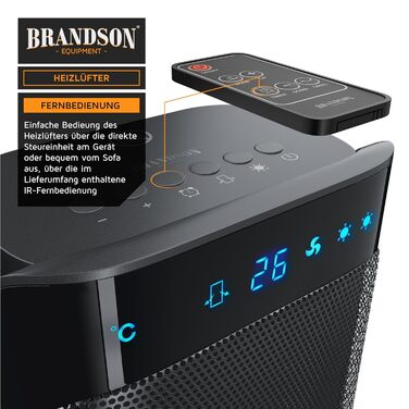 Керамічний обігрівач Brandson 2000W з дистанційним керуванням, тихий, енергозберігаючий, з холодним режимом, двома рівнями потужності та осциляцією, для офісу, вітальні, спальні, чорний