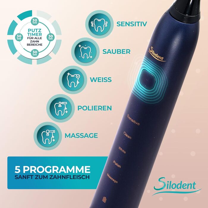 Електрична зубна щітка Silodent Midnight Blue з антисептичною щетиною. 5 програм, Power-батарея, чохол для подорожей. Тестовий лідер, 100 днів без ризику.