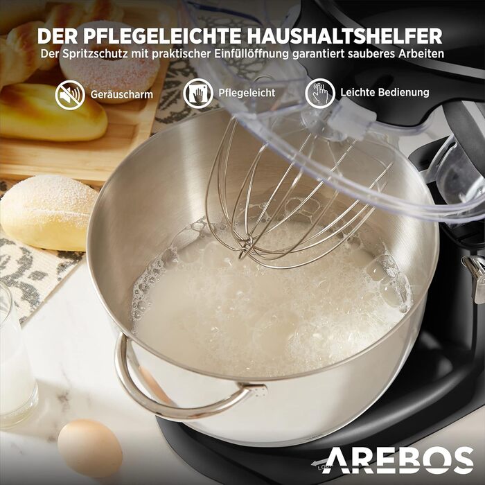 Кухонна машина Arebos 1500W з чашею 6L з нержавіючої сталі, чорна | Змішувач, гак для тіста, вінчик | Кришка від бризок | 6 швидкостей | Кухонний комбайн | Машина для тіста