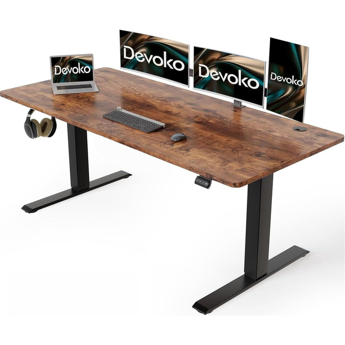Електричний регульований стіл Devoko 140x60 см з кабель-каналом, ергономічний комп'ютерний стіл для роботи стоячи та сидячи, 2-позиційна пам'ять, вінтажний коричневий