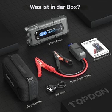 Пусковий пристрій TOPDON V2200 Air Jump Starter з компресором 150 PSI, бустер для авто (бензин 8L, дизель 6L), павербанк 2200А з LED-ліхтарем