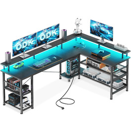 Ігровий кутовий стіл ODK Gaming з LED-підсвіткою та USB-портом, вуглецеве покриття, 168×120 см, чорний