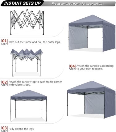 ABCCANOPY Павільйон 3x3 м, легкий розкладний намет із 2 стінками, сірої, для вулиці