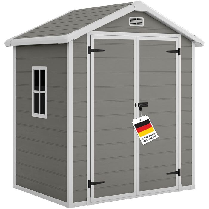 Садовий будиночок STEELSØN Novara 210x134x182 см – пластиковий, сірий, з вікном та двосхилим дахом – для інструментів та зберігання