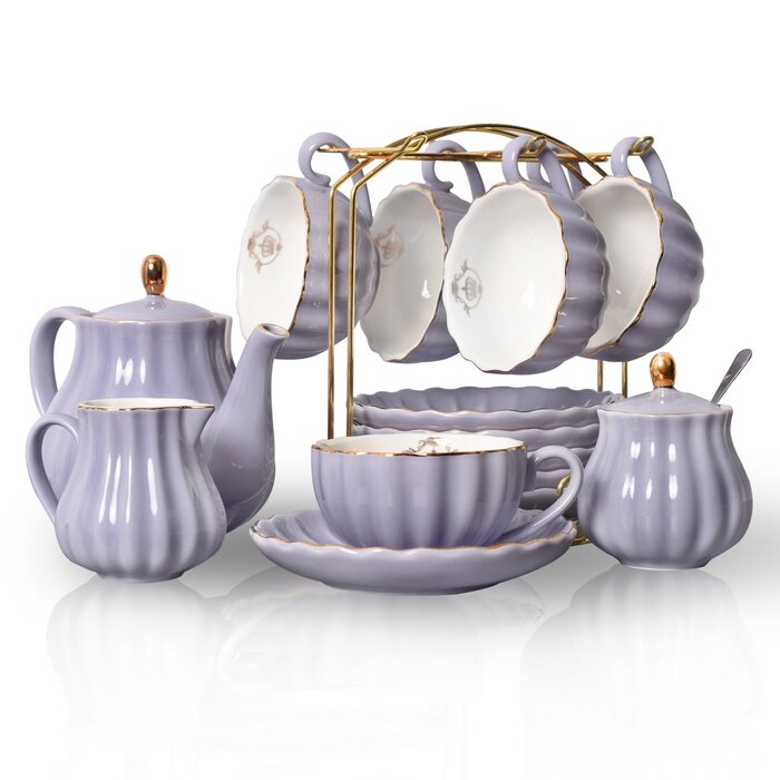 Чайний сервіс Sweejar Home Porzellan British Royal, 6 персон, з чайником, цукорницею, ложками та ситечком, для High Tea (FloralD), фіолетові чашки