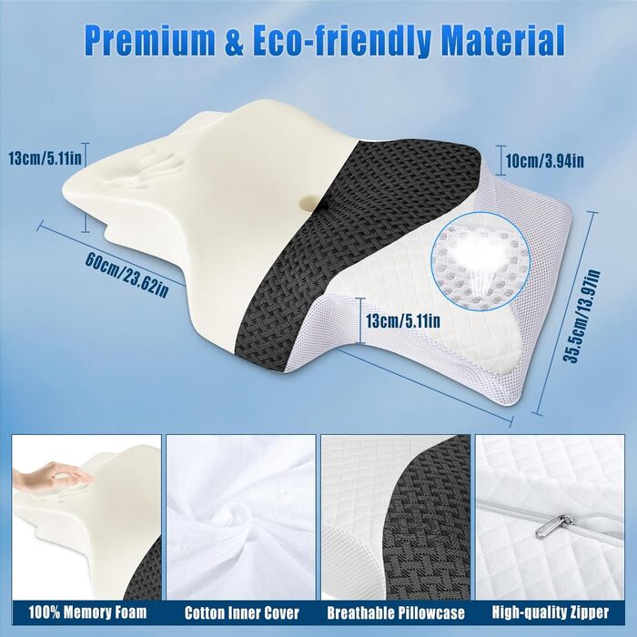 Подушка ортопедична SAHEYER з піни Memory Foam для шиї та голови, 60x35.5x10/13 см, сіра. Для зручного сну на боці.