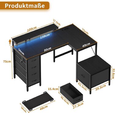 Кутовий стіл Devoko з розетками та USB, 160x120 см, 5 висувних ящиків, підставка під монітор, LED-підсвітка для дому та геймінгу, чорний