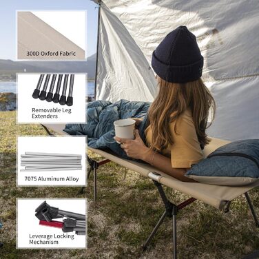 Польове ліжко Naturehike Ultralight: складане кемпінгове ліжко, витримує до 150 кг, регульована висота, бежеве