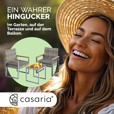 Набір садових меблів Casaria® з ротангу та акації для балкона та тераси: 2 крісла, стіл, подушки, стійкий до погодних умов, сірий колір