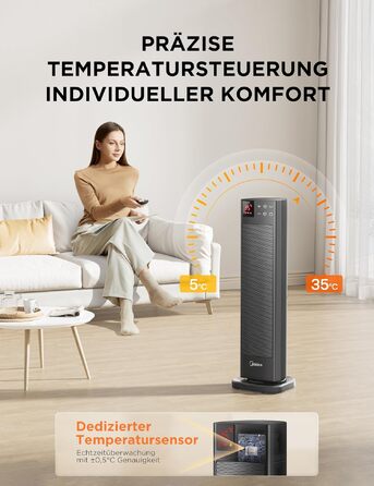 Керамічний обігрівач Midea NTH20-22GR(WH) 2000Вт з пультом, термостатом та таймером на 24г, ECO-режим, осциляція 75°, сірий