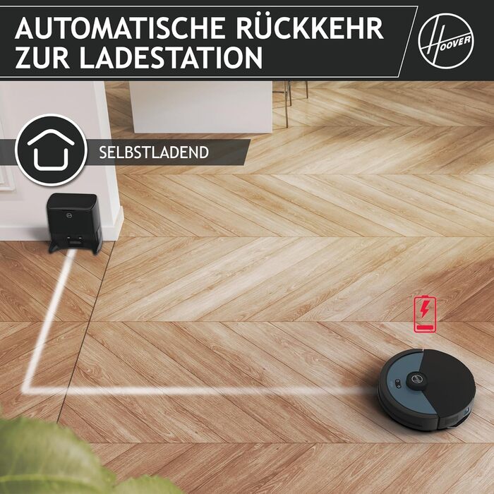 Робот-пилосос Hoover HG4 з функцією вологого прибирання, автоматичною станцією для збору пилу, потужністю 4000 Па, лазерною навігацією, керуванням через додаток, сенсором перешкод і функцією самостійного повернення на станцію, модель HG450HP