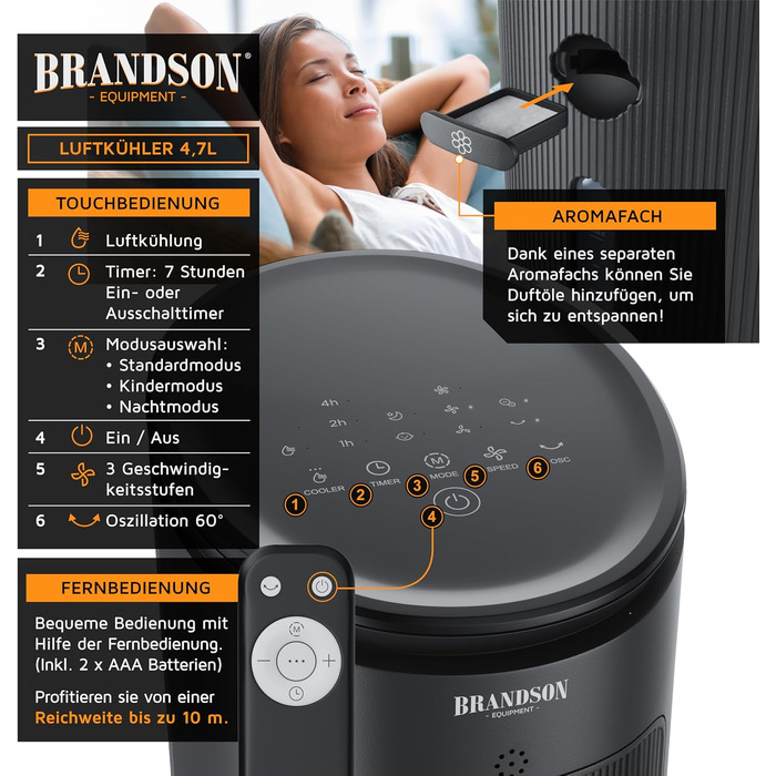 Brandson Вентилятор з водяним охолодженням 5-в-1: мобільний кондиціонер без шланга, тихий, 4.7л, чорний
