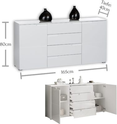 Комод Stella Trading SPICE у білому глянці, сучасний, 165x80x40 см, з великим місцем для зберігання для вітальні