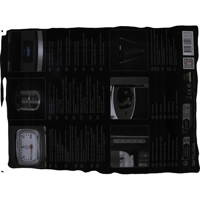 Кавоварка MUSE MS-220 DG з глечиком, 10 чашок, з функцією підігріву, скляна каністра, нержавіюча сталь, сіра