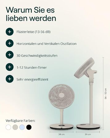 Duux Whisper Flex 2 Smart Вентилятор: тихий (13 дБ), нічний режим, таймер, регульована висота (54-92 см), енергоефективний, з Wi-Fi та пультом (Greige)