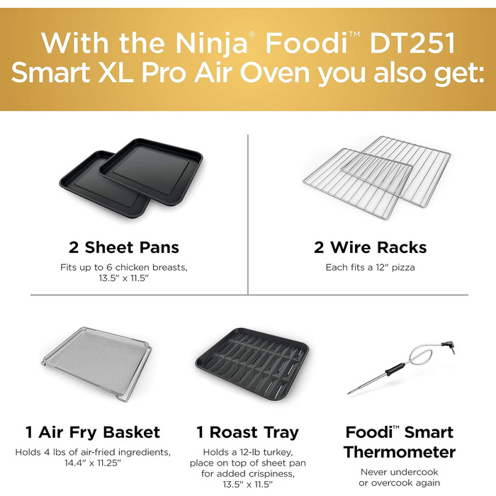 Мультипіч Ninja Foodi DT251 Smart XL 10-в-1: Аерогриль, духовка, тостер, гриль, з термометром, срібляста