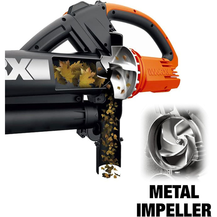 WORX WG505E: Електричний повітродув та пилосос для листя 3000W – 3-в-1 (повітродув, пилосос, мульчер) з мішком 45л – швидкість 335 км/год, об'єм 600 м³/год
