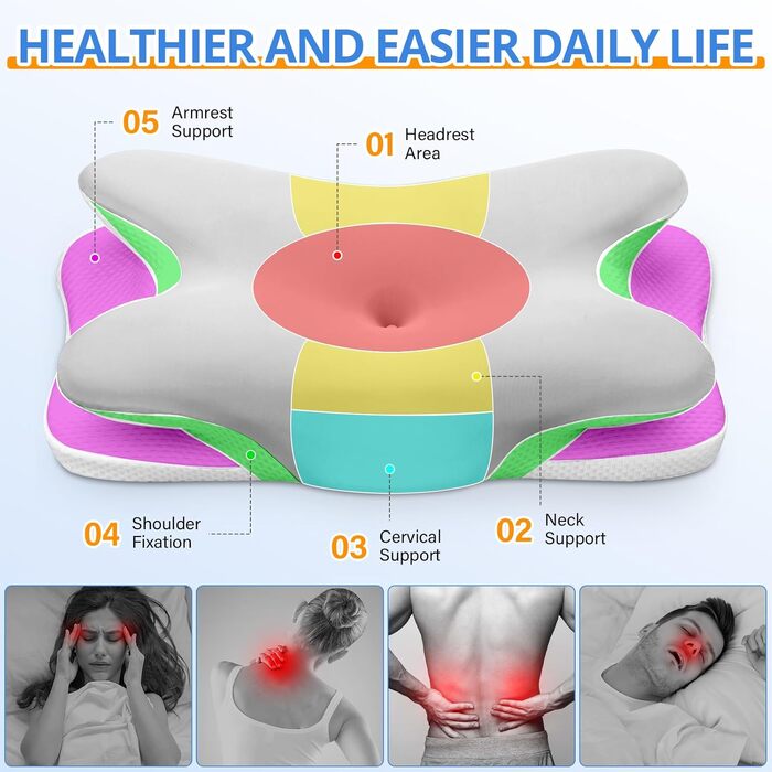 Подушка для шиї Ehomfory з Memory Foam, ергономічна для сну на боці, спині та животі, 67x37x9/12 см, срібляста