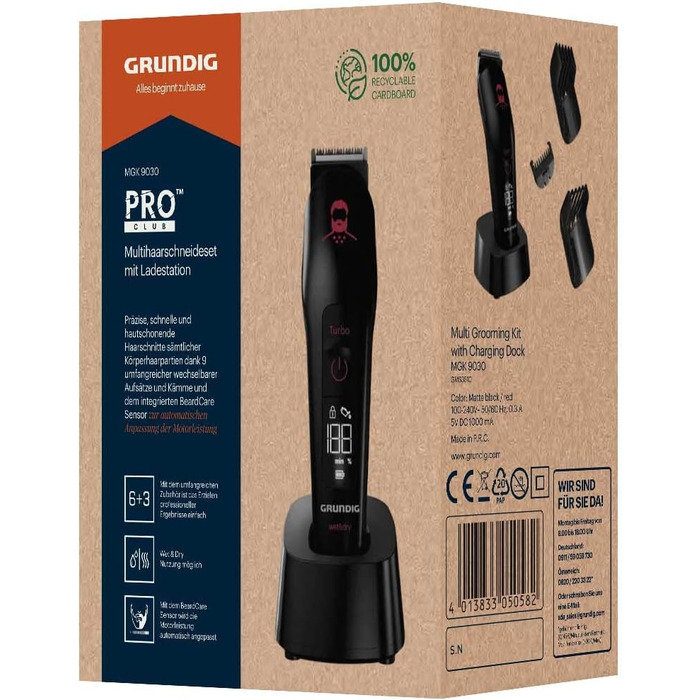 Машинка для стрижки GRUNDIG MGK 9030 ProClub, сенсор для бороди, вологе та сухе використання, літій-іонний акумулятор, титанове лезо, чорний/червоний