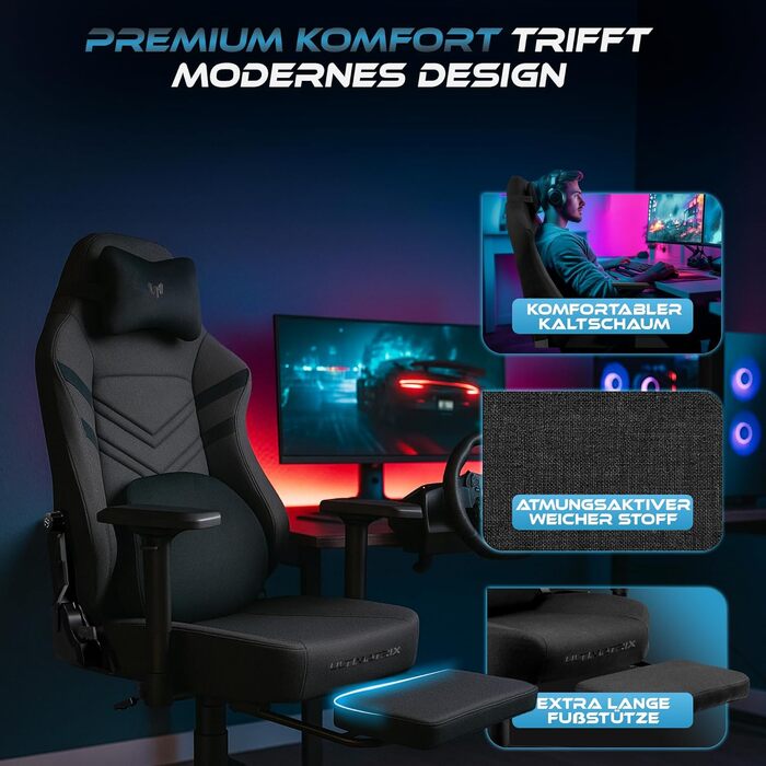 Ігрове крісло Ultimatrix FURY Ergonomic: з підтримкою попереку, 4D-підлокітниками, підніжкою та дихаючою тканиною, витримує до 150 кг, чорне