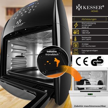 Аерофритюрниця KESSER XXL 9-в-1, 1800 Вт, чорна, гриль, дегідратор, 8 програм, без олії, з аксесуарами та рецептом