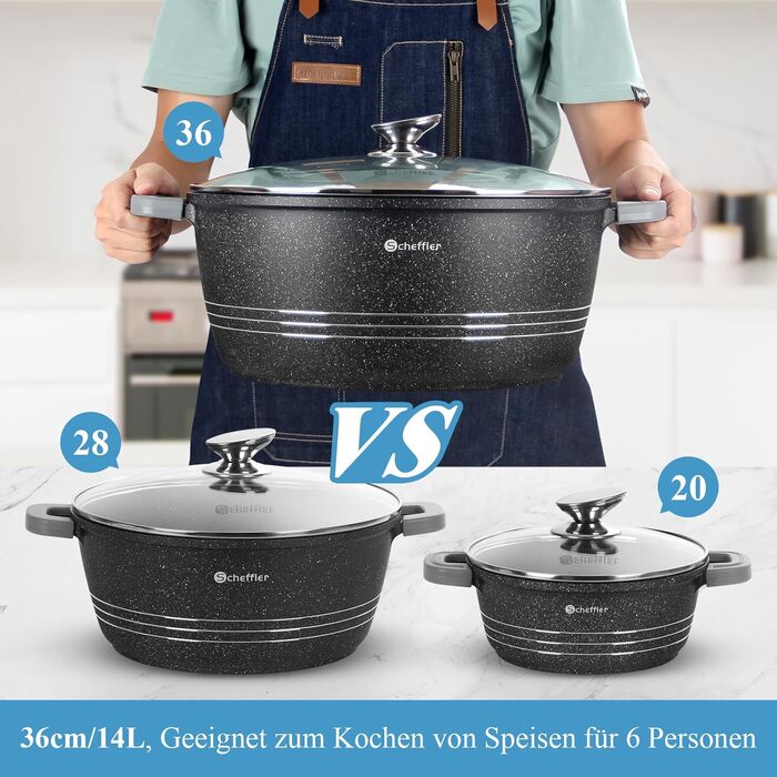Набір каструль Topfset Scheffler 24 см (4л), 28 см (6л), 32 см (10л), 36 см (14л) з кришками, індукційні, з антипригарним покриттям, для посудомийної машини