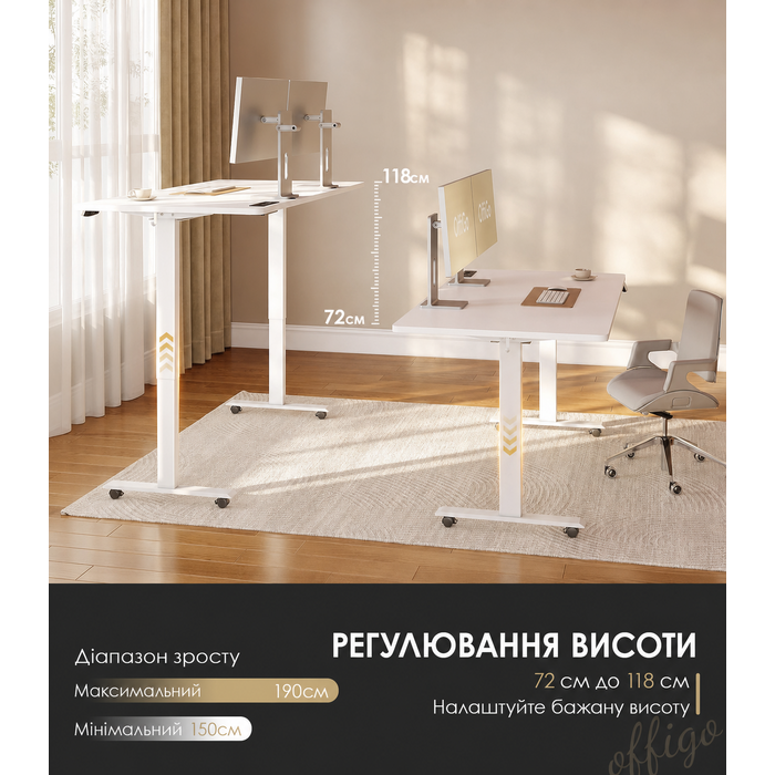 Електричний регульований стіл OffiGo 180x70 см, білий: стіл для офісу та дому з USB та 2 функціями пам'яті