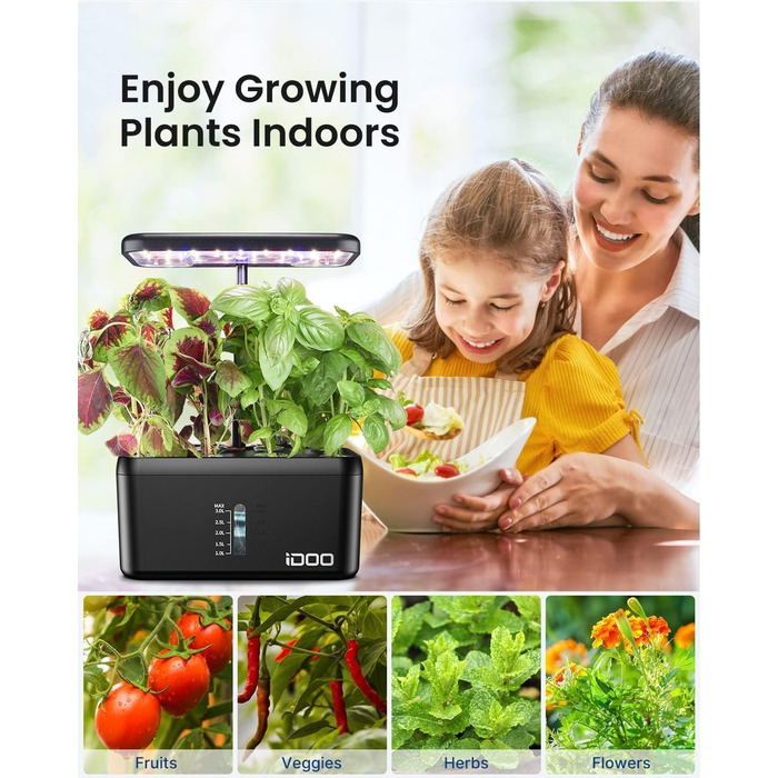 iDOO Система гідропоніки Smart Garden 8 Pods: Розумний сад для вирощування трав та овочів вдома, LED лампа, автоматичний таймер, регульована висота, чорний