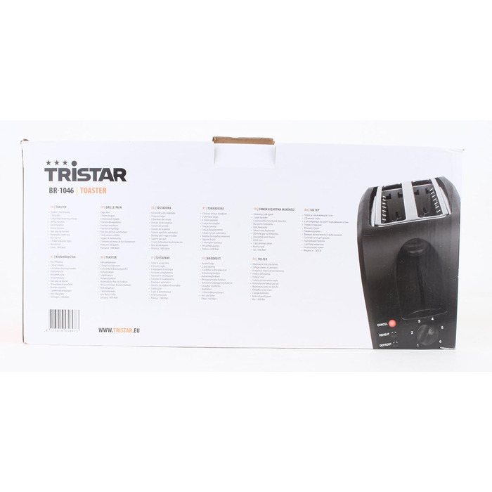 Тостер Tristar з нержавіючої сталі, 4 тости, 6 режимів підсмажування, насадка для булочок, довгі отвори, знімний піддон для крихт, функції скасування, розморожування та підігріву, модель BR-1046