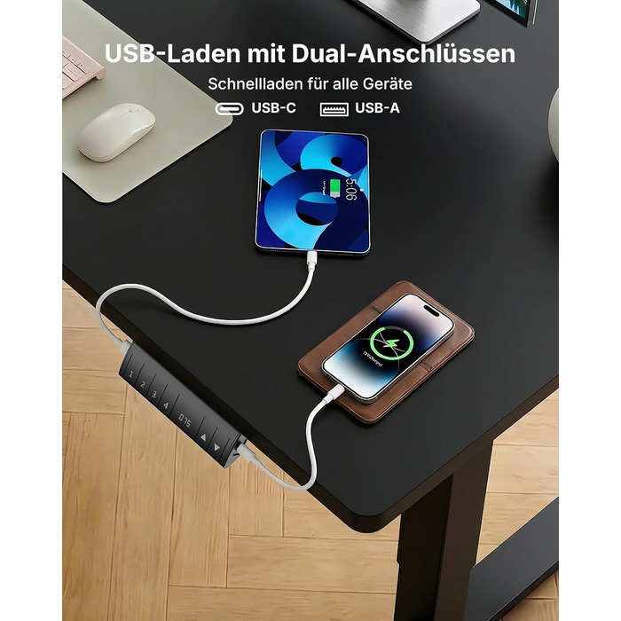 Регульований стіл HUANUO 160x80 см з USB-C/USB-A зарядкою, чорний. Висота 72-118 см, 4 режими пам'яті, кабель-менеджмент