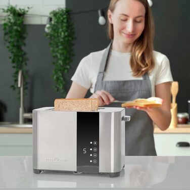 Тостер ProfiCook 2-складовий, нержавіюча сталь, 850 Вт, широкий слот, знімна насадка для булочок, 7 режимів підсмажування, сенсорне управління, лоток для крихт, PC-TA 1250