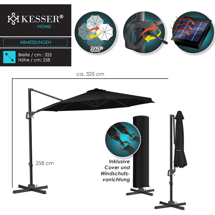 Сонячна парасоля KESSER® XL 330 см, кругла, з чохлом, вітрозахистом, 7-позиційне регулювання, нахил, обертання 360°, з ручкою, UV50+, чорна для саду