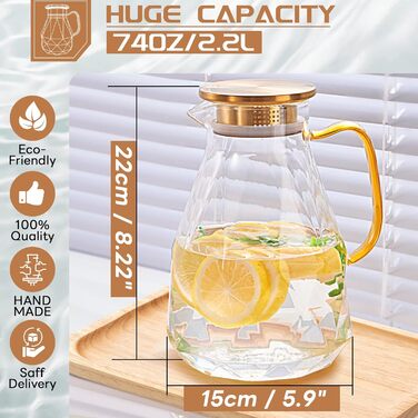 Скляна карафа Yirilan 2.2L з кришкою, 74 унції - для води, напоїв