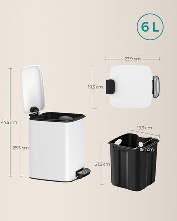 Косметичний педальний смітник SONGMICS 6 л, білий, стальний, з кришкою Softclose для ванної та малих приміщень