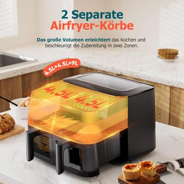 Аерофритюрниця з двома камерами та вікном перегляду 9л, Airfryer 9-в-1 з сенсорним керуванням, антипригарне покриття, для здорового приготування без олії