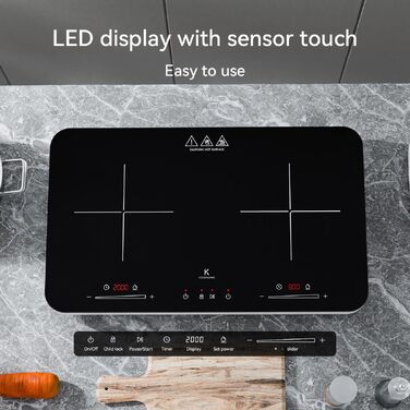 Індукційна плита COOKNANO подвійна 3600W з незалежним керуванням, 20 рівнів потужності та температури, таймер 6 годин, чорна 60x36x5.7 см